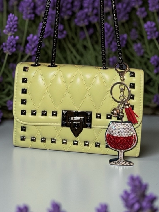unbranded Handbags - Quilted Stud-Trim Shoulder Bag in Yellow with Wine Glass Bag Charm